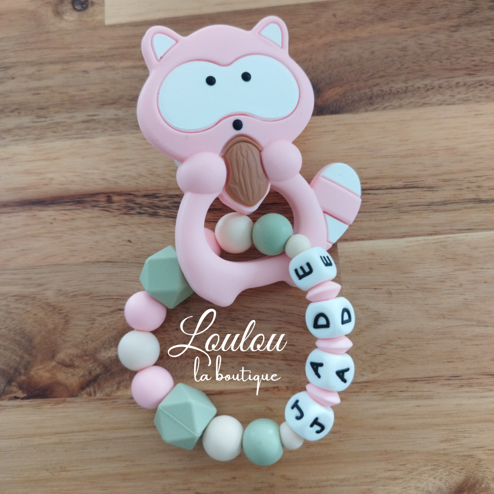 Jouet de dentition Raton laveur rose - Silicone alimentaire & bois naturel