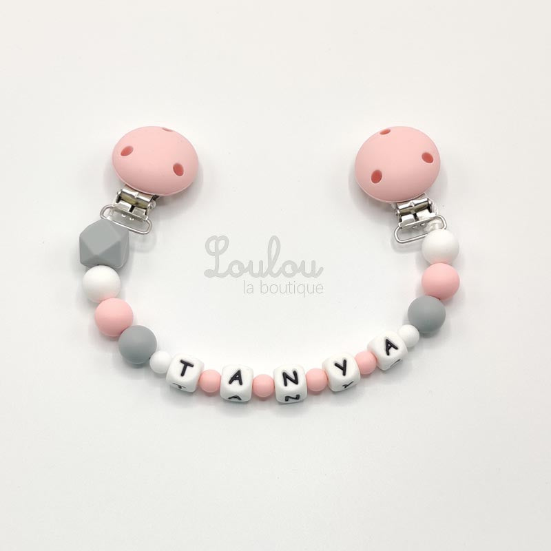 www.louloulaboutique.com attache doudou personnalisée avec un prénom perle silicone rose