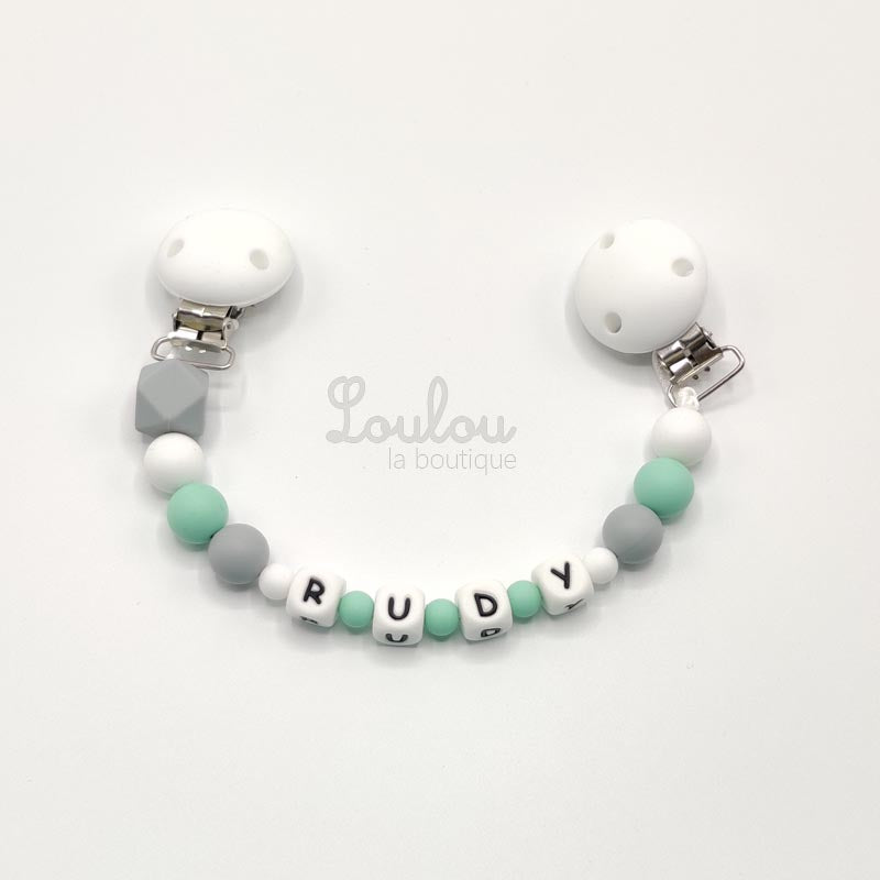 www.louloulaboutique.com attache doudou personnalisé au prénom souhiaté perle silicone blanc vert
