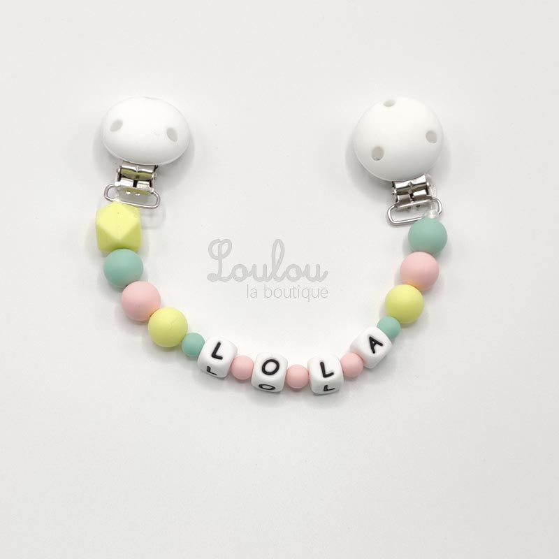 www.louloulaboutique.com attache doudou personnalisée avec un prénom perle silicone jaune rose vert