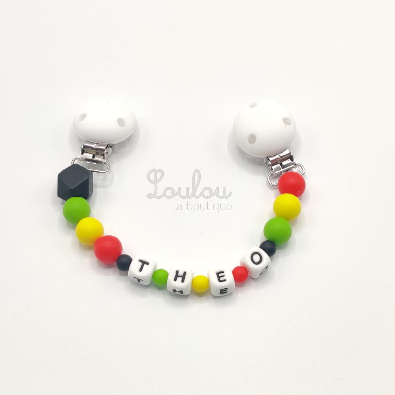 www.louloulaboutique.com attache doudou personnalisée avec un prénom perle silicone noir vert jaune rouge