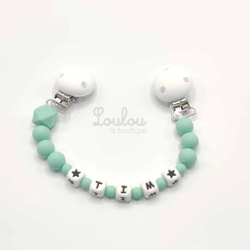 www.louloulaboutique.com attache doudou personnalisée avec un prénom perle silicone vert