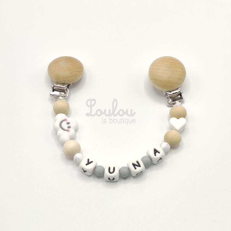 www.louloulaboutique.com attache doudou personnalisée silicone et bois nuage coeur