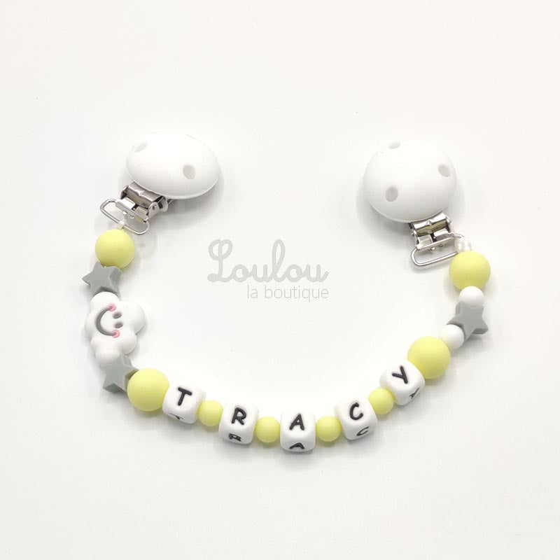 www.louloulaboutique.com attache doudou personnalisée silicone jaune nuage