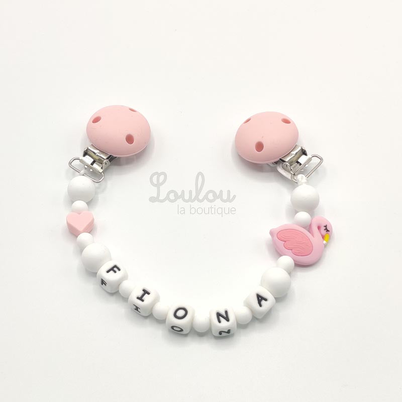 www.louloulaboutique.com attache doudou personnalisée silicone blanc flamant coeur
