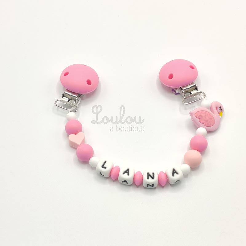 www.louloulaboutique.com attache doudou personnalisée silicone rose flamant coeur