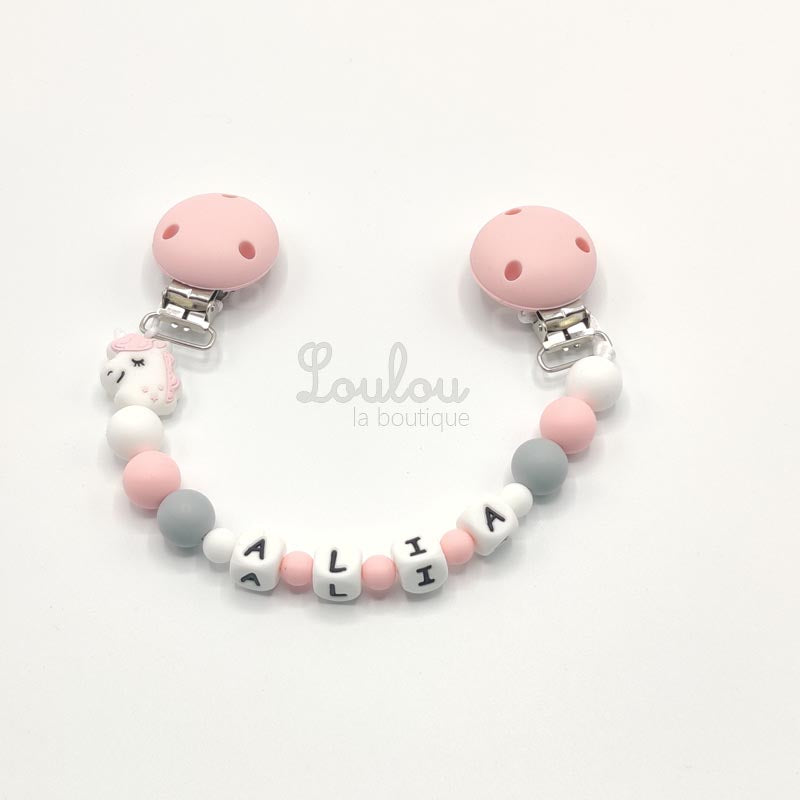 www.louloulaboutique.com attache doudou personnalisée silicone gris rose blanc licorne