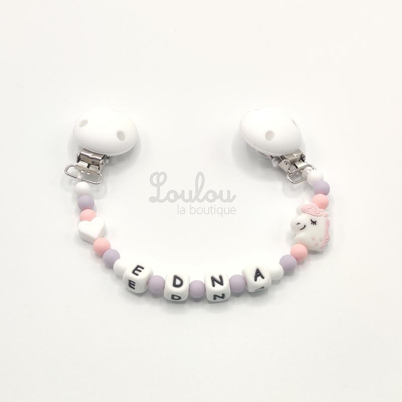 www.louloulaboutique.com attache doudou personnalisée silicone licorne rose blanc mauve violet