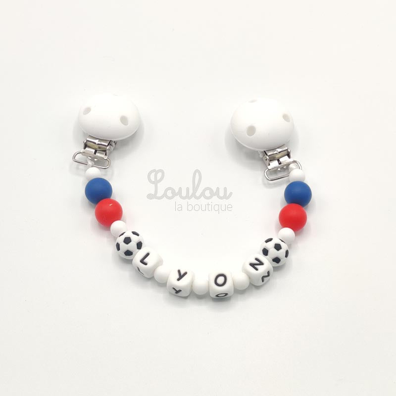 www.louloulaboutique.com attache doudou personnalisée silicone bleu rouge blanc football fan lyon foot