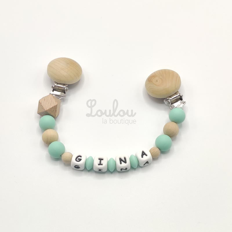www.louloulaboutique.com attache doudou personnalisée avec un prénom perle silicone vert bois