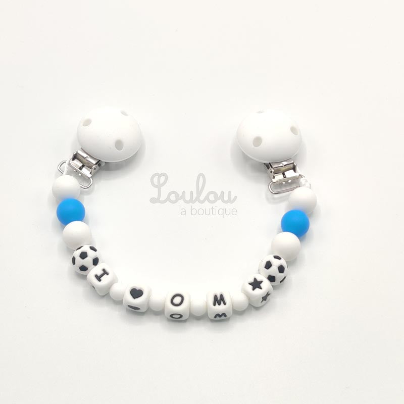 www.louloulaboutique.com attache doudou personnalisée silicone ballon football foot marseille OM bleu blanc