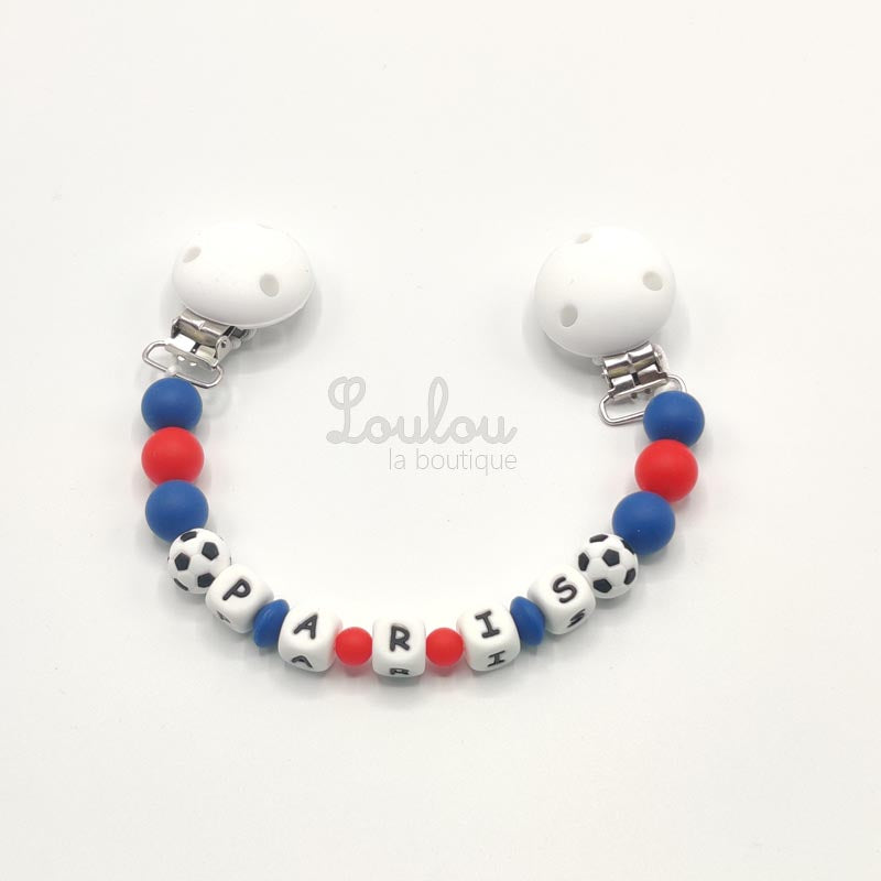 www.louloulaboutique.com attache doudou personnalisée silicone bleu rouge foot fan paris PSG ballon foot football