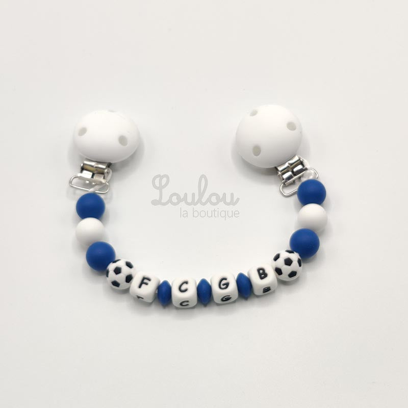 www.louloulaboutique.com attache doudou personnalisée silicone football foot bordeaux bleu marine blanc