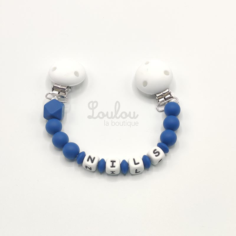 www.louloulaboutique.com attache doudou personnalisée silicone bleu