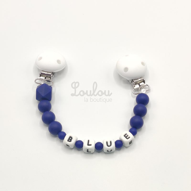 www.louloulaboutique.com attache doudou personnalisée silicone bleu