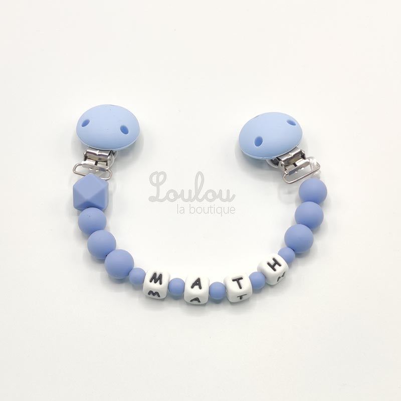 www.louloulaboutique.com attache doudou personnalisée silicone bleu