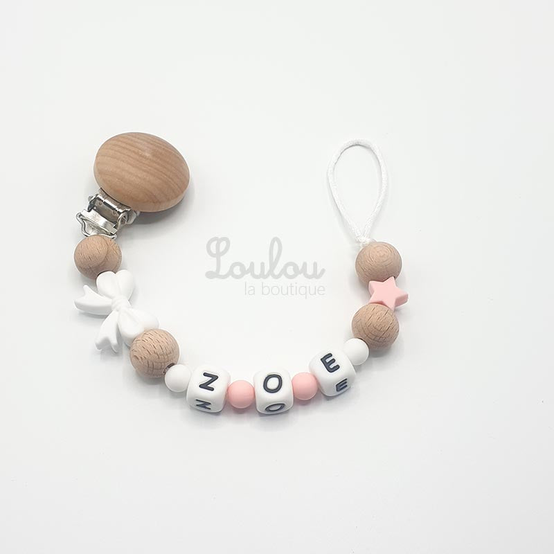 Attache tétine personnalisée 141 - Cadeau naissance -  Attache sucette avec prénom sans BPA fait main avec perles blanc, bois, noeud, rose, étoile - www.louloulaboutique.com - Accessoire bébé éveil