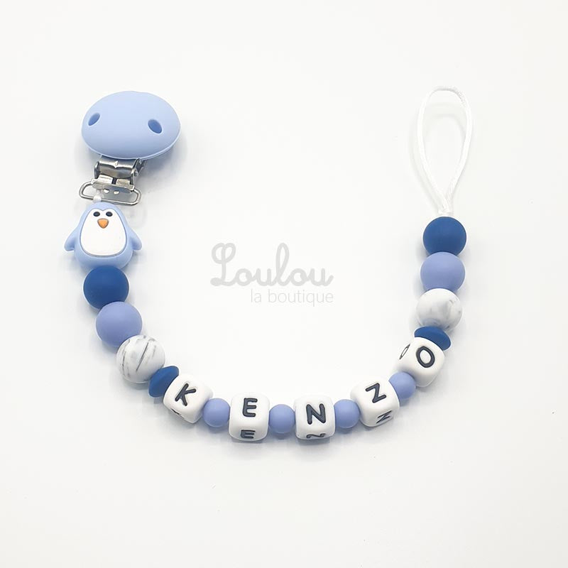 Attache tétine personnalisée 143 - Cadeau naissance -  Attache sucette avec prénom sans BPA fait main avec perles bleu, marbré, pingouin, silicone - www.louloulaboutique.com - Accessoire bébé éveil
