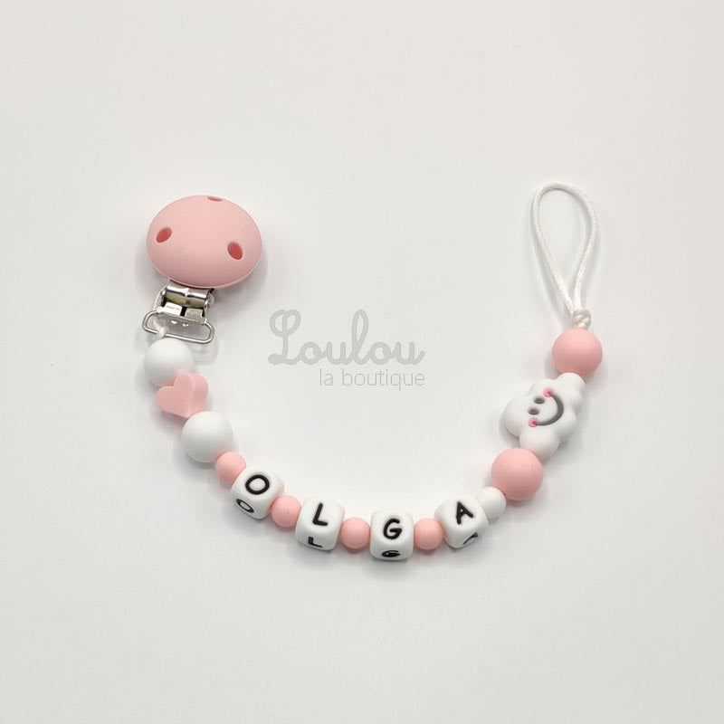 Attache tétine personnalisée 100 - Cadeau naissance - Attache sucette avec prénom sans BPA fait main avec perles coeur, nuage, rose, silicone - www.louloulaboutique.com - Accessoire bébé éveil