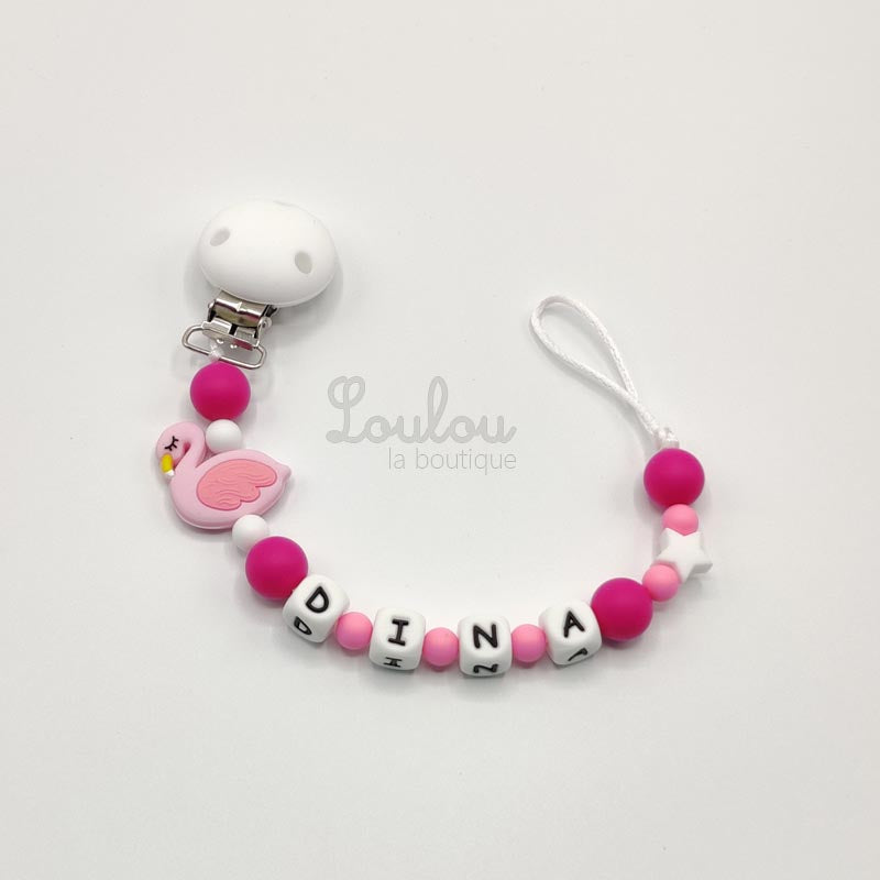 Attache tétine personnalisée 106 - Cadeau naissance -  Attache sucette avec prénom sans BPA fait main avec perles flamant, rose, silicone, étoile - www.louloulaboutique.com - Accessoire bébé éveil