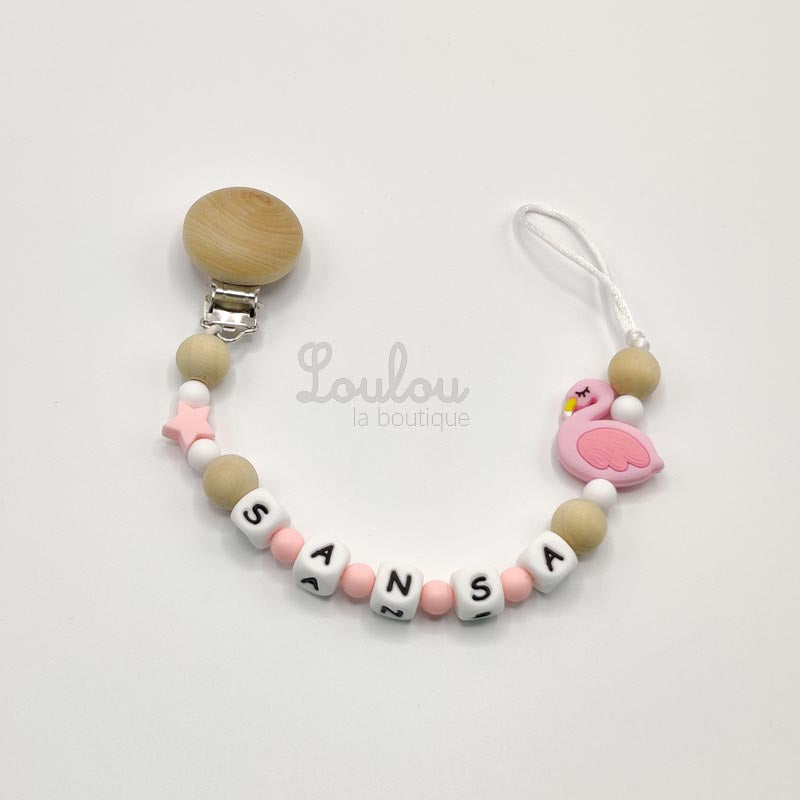 Attache tétine personnalisée 107 - Cadeau naissance -  Attache sucette avec prénom sans BPA fait main avec perles bois, flamant, étoile - www.louloulaboutique.com - Accessoire bébé éveil