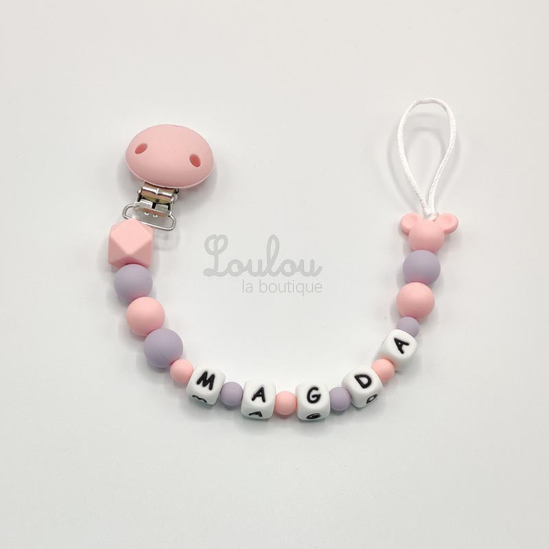 Attache tétine personnalisée 110 - Cadeau naissance - Attache sucette avec prénom sans BPA fait main avec perles mickey, rose, silicone, violet - www.louloulaboutique.com - Accessoire bébé éveil