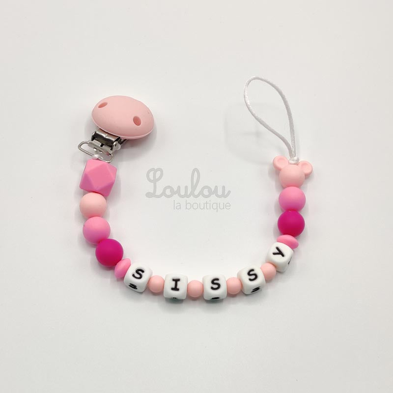 Attache tétine personnalisée 112 - Cadeau naissance -  Attache sucette avec prénom sans BPA fait main avec perles mickey, rose, silicone - www.louloulaboutique.com - Accessoire bébé éveil