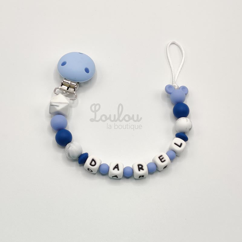 Attache tétine personnalisée 113 - Cadeau naissance - Attache sucette avec prénom sans BPA fait main avec perles bleu, marbré, mickey, silicone - www.louloulaboutique.com - Accessoire bébé éveil