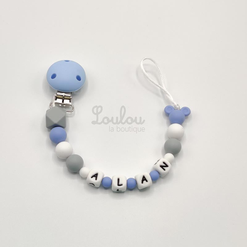 Attache tétine personnalisée 114 - Cadeau naissance -  Attache sucette avec prénom sans BPA fait main avec perles bleu, mickey, silicone - www.louloulaboutique.com - Accessoire bébé éveil