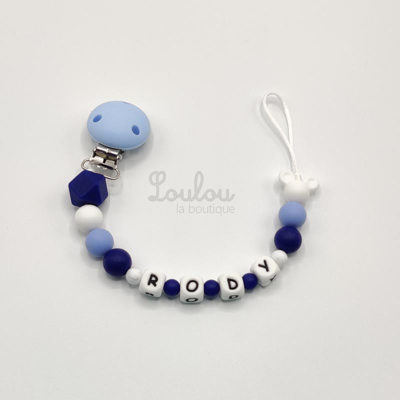 Attache tétine personnalisée 115 - Cadeau naissance - Attache sucette avec prénom sans BPA fait main avec perles blanc, bleu, mickey, silicone - www.louloulaboutique.com - Accessoire bébé éveil