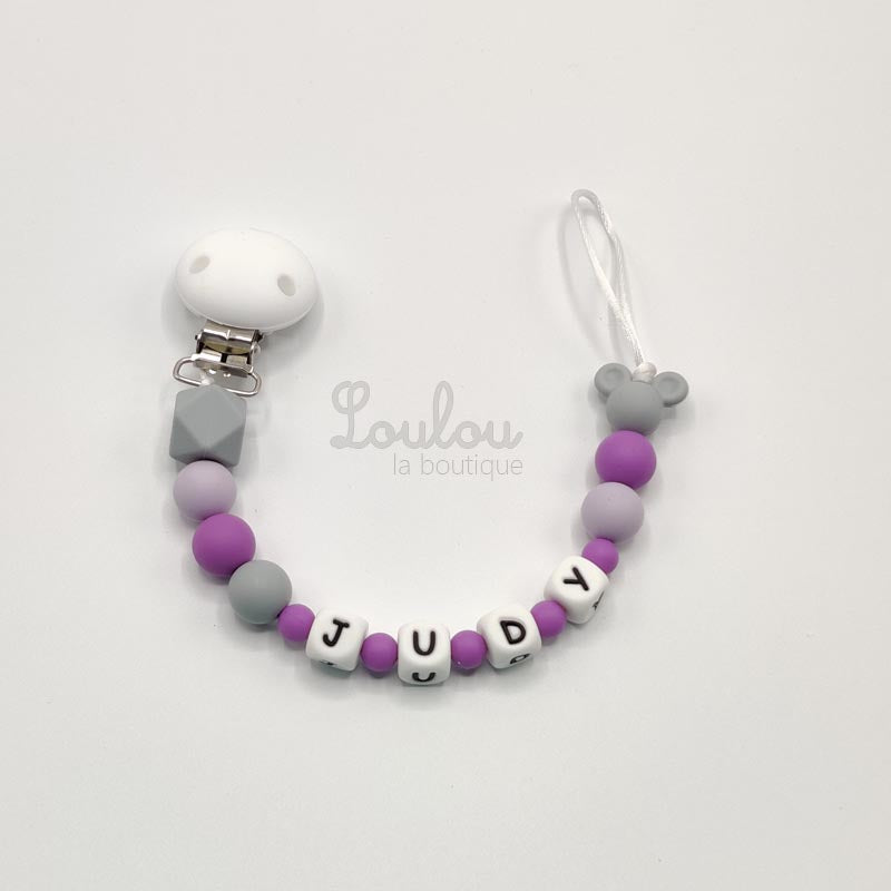 Attache tétine personnalisée 121 - Cadeau naissance -  Attache sucette avec prénom sans BPA fait main avec perles mickey, silicone, violet - www.louloulaboutique.com - Accessoire bébé éveil