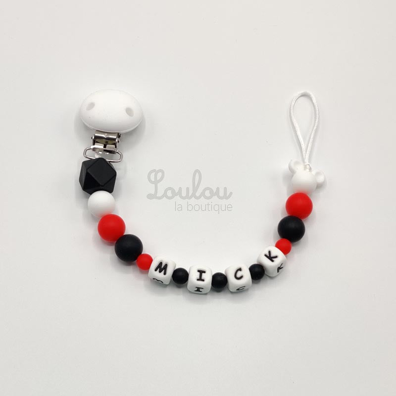 Attache tétine personnalisée 122 - Cadeau naissance -  Attache sucette avec prénom sans BPA fait main avec perles mickey, noir, rouge, silicone - www.louloulaboutique.com - Accessoire bébé éveil