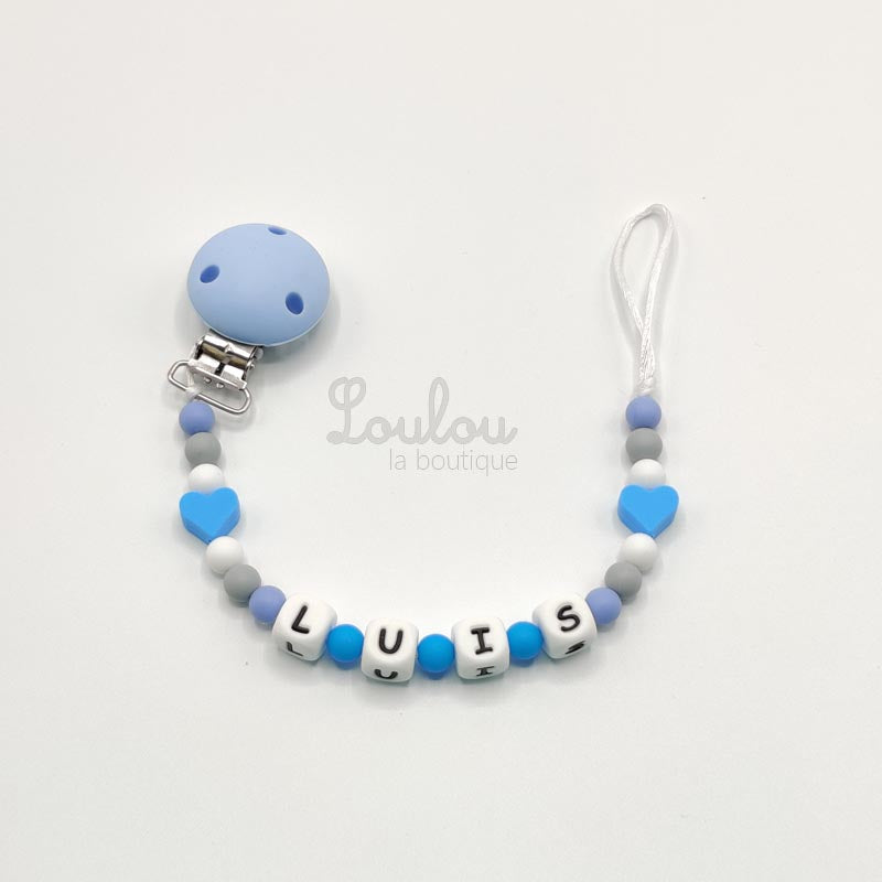 Attache tétine personnalisée 127 - Cadeau naissance -  Attache sucette avec prénom sans BPA fait main avec perles blanc, bleu, coeur, gris, silicone - www.louloulaboutique.com - Accessoire bébé éveil