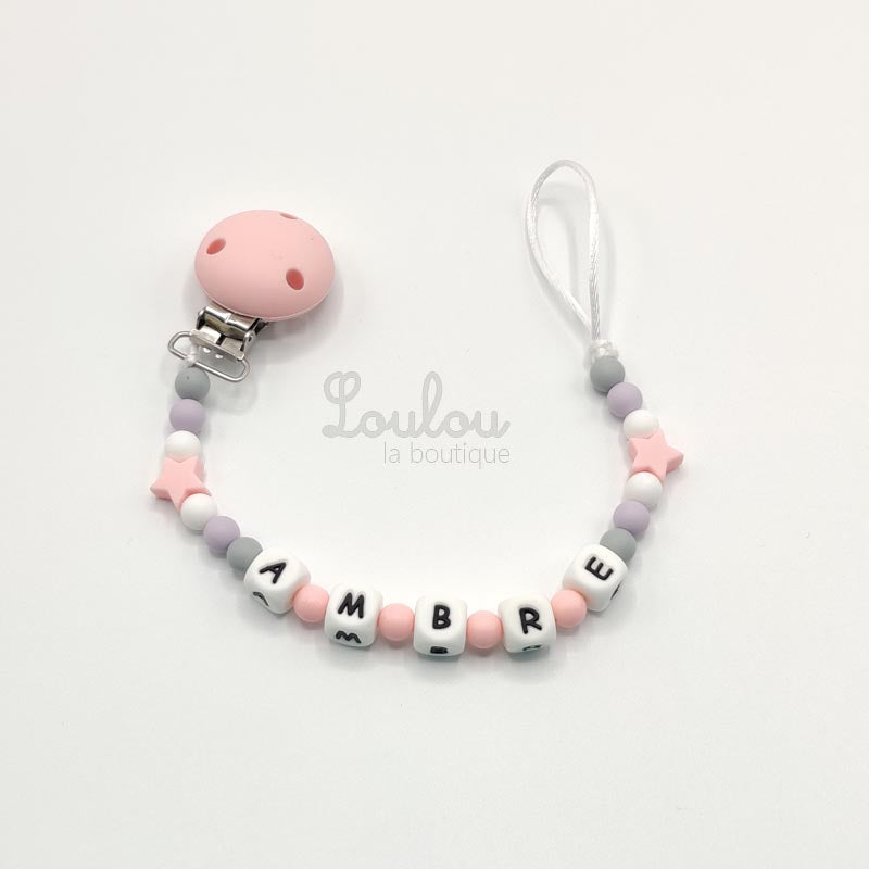 Attache tétine personnalisée 129 - Cadeau naissance -  Attache sucette avec prénom sans BPA fait main avec perles blanc, gris, silicone, violet, étoile - www.louloulaboutique.com - Accessoire bébé éveil