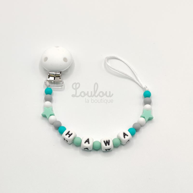 Attache tétine personnalisée 132 - Cadeau naissance - Attache sucette avec prénom sans BPA fait main avec perles silicone, vert, étoile - www.louloulaboutique.com - Accessoire bébé éveil