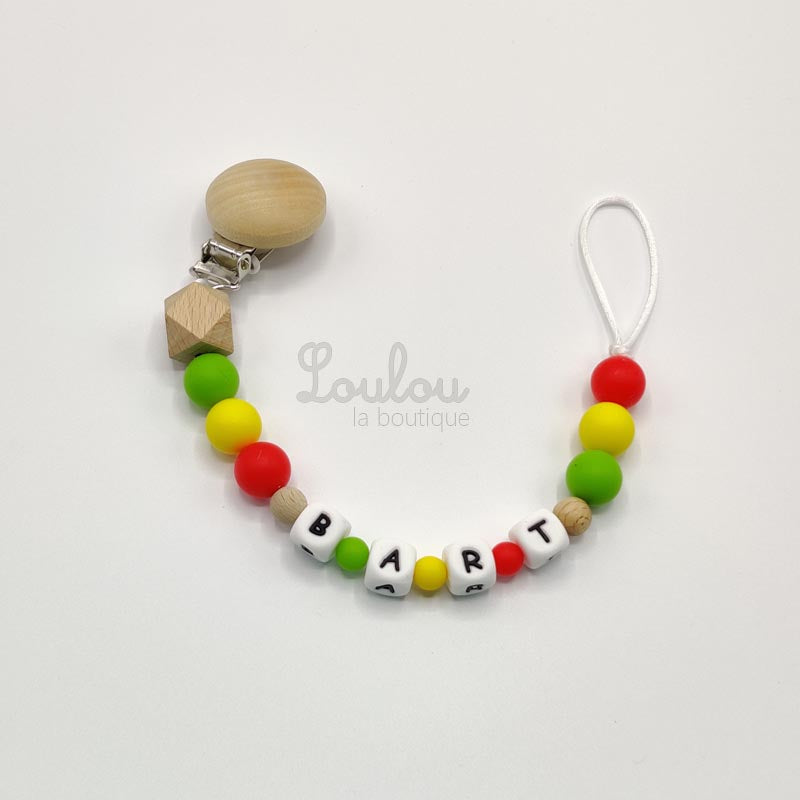 Attache tétine personnalisée 15 - Cadeau naissance -  Attache sucette avec prénom sans BPA fait main avec perles bois, jaune, rouge, vert - www.louloulaboutique.com - Accessoire bébé éveil
