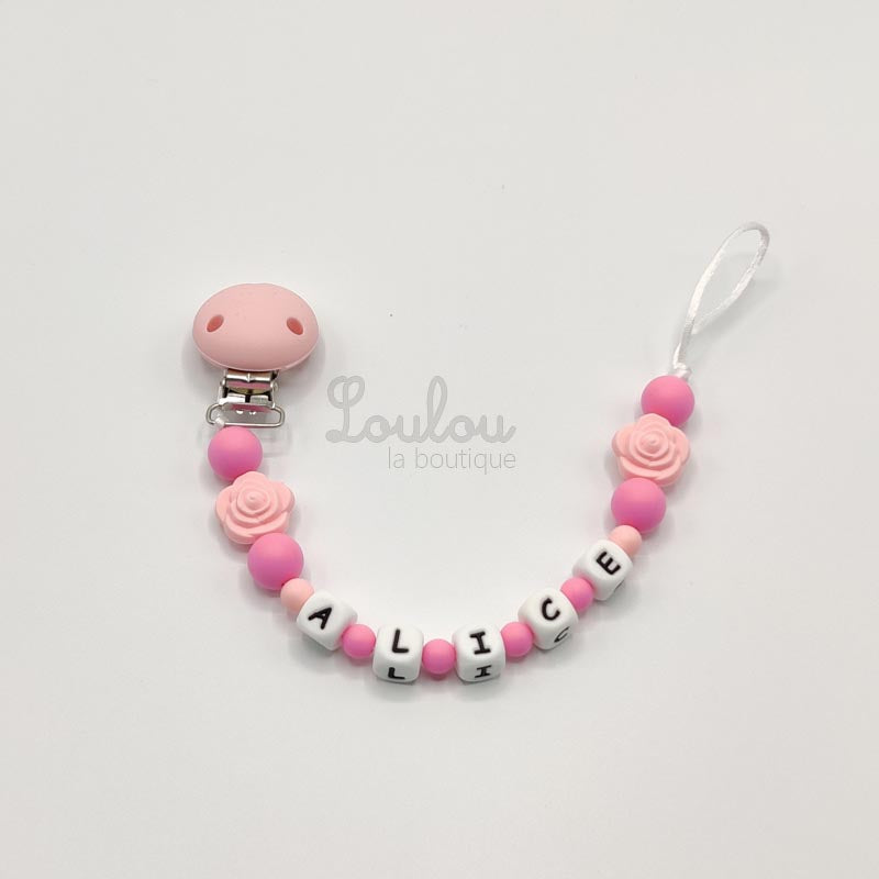 Attache tétine personnalisée 16 - Cadeau naissance -  Attache sucette avec prénom sans BPA fait main avec perles fleur, rose, silicone - www.louloulaboutique.com - Accessoire bébé éveil