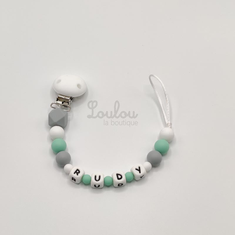 Attache tétine personnalisée 19 - Cadeau naissance - Attache sucette avec prénom sans BPA fait main avec perles silicone, vert - www.louloulaboutique.com - Accessoire bébé éveil
