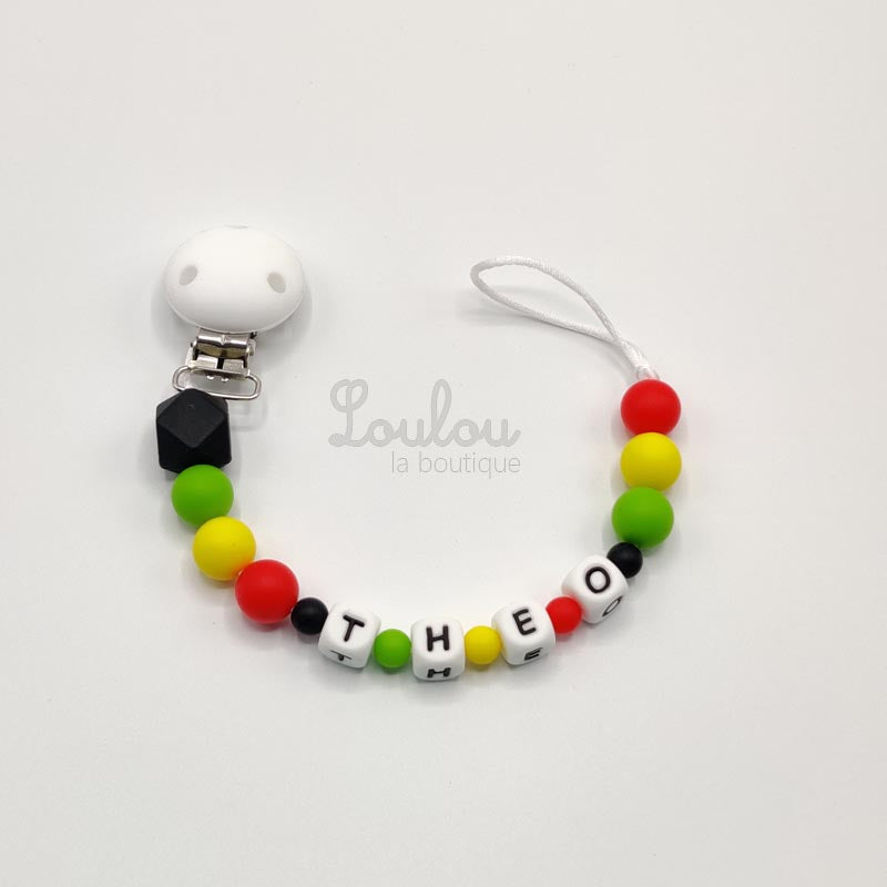 Attache tétine personnalisée 20 - Cadeau naissance -  Attache sucette avec prénom sans BPA fait main avec perles jaune, rouge, silicone, vert - www.louloulaboutique.com - Accessoire bébé éveil