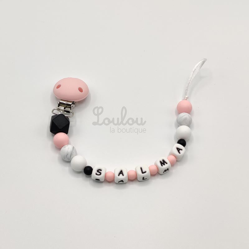 Attache tétine personnalisée 21 - Cadeau naissance -  Attache sucette avec prénom sans BPA fait main avec perles blanc, rose, silicone - www.louloulaboutique.com - Accessoire bébé éveil