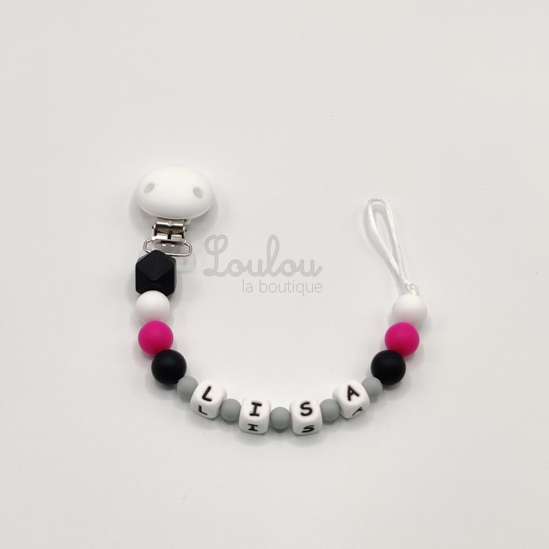 Attache tétine personnalisée 23 - Cadeau naissance -  Attache sucette avec prénom sans BPA fait main avec perles blanc, noir, rose, silicone - www.louloulaboutique.com - Accessoire bébé éveil