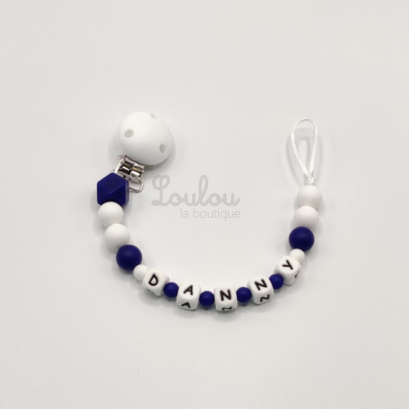 Attache tétine personnalisée 31 - Cadeau naissance - Attache sucette avec prénom sans BPA fait main avec perles bleu, silicone - www.louloulaboutique.com - Accessoire bébé éveil