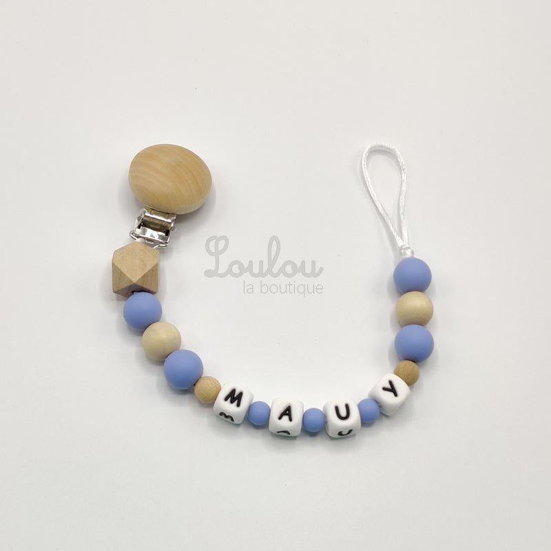 Attache tétine personnalisée 39 - Cadeau naissance - Attache sucette avec prénom sans BPA fait main avec perles bleu, bois - www.louloulaboutique.com - Accessoire bébé éveil