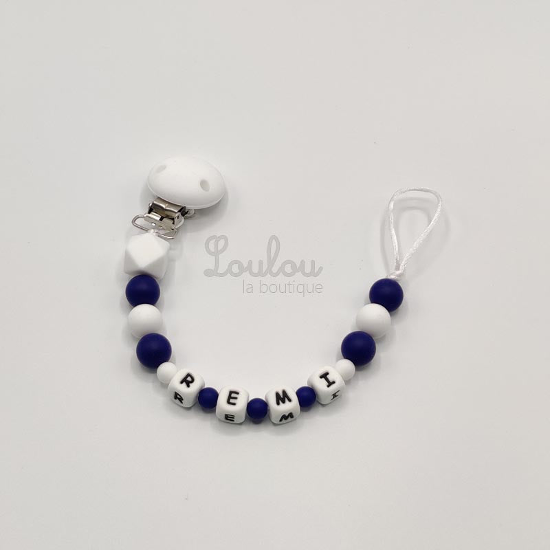 Attache tétine personnalisée 43 - Cadeau naissance -  Attache sucette avec prénom sans BPA fait main avec perles bleu, silicone - www.louloulaboutique.com - Accessoire bébé éveil