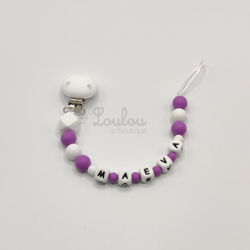 Attache tétine personnalisée 44 - Cadeau naissance - Attache sucette avec prénom sans BPA fait main avec perles silicone, violet - www.louloulaboutique.com - Accessoire bébé éveil