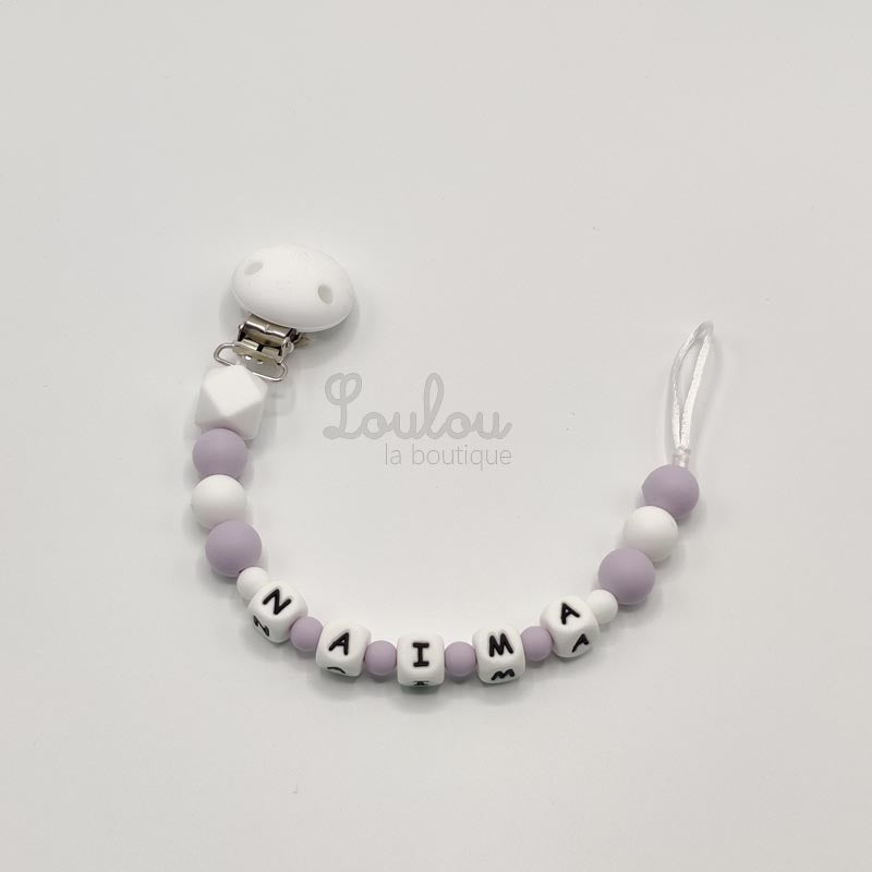 Attache tétine personnalisée 46 - Cadeau naissance -  Attache sucette avec prénom sans BPA fait main avec perles silicone, violet - www.louloulaboutique.com - Accessoire bébé éveil
