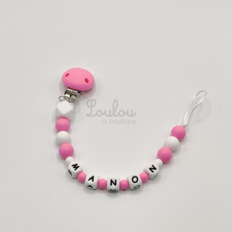Attache tétine personnalisée 52 - Cadeau naissance -  Attache sucette avec prénom sans BPA fait main avec perles rose, silicone - www.louloulaboutique.com - Accessoire bébé éveil
