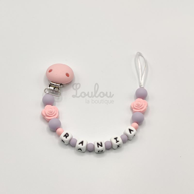 Attache tétine personnalisée 56 - Cadeau naissance -  Attache sucette avec prénom sans BPA fait main avec perles rose, silicone, violet - www.louloulaboutique.com - Accessoire bébé éveil