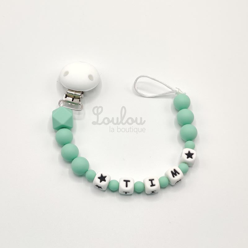 Attache tétine personnalisée 63 - Cadeau naissance - Attache sucette avec prénom sans BPA fait main avec perles silicone, vert - www.louloulaboutique.com - Accessoire bébé éveil