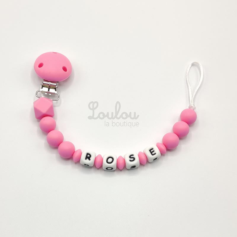 Attache tétine personnalisée 65 - Cadeau naissance -  Attache sucette avec prénom sans BPA fait main avec perles rose, silicone - www.louloulaboutique.com - Accessoire bébé éveil